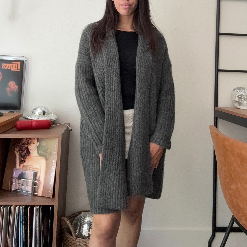 J.Crew Charcoal Grey Ribbed Fuzzy Open Front Shawl Cardigan Sweater S/M - Picture 3 of 8